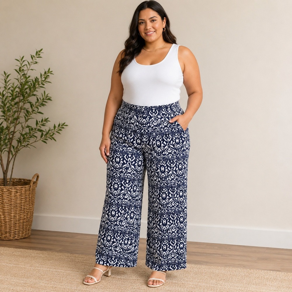 Lauren Ralph Lauren‎ Navy White Ikat Wide Leg Pants XL Elastic Waist Viscose